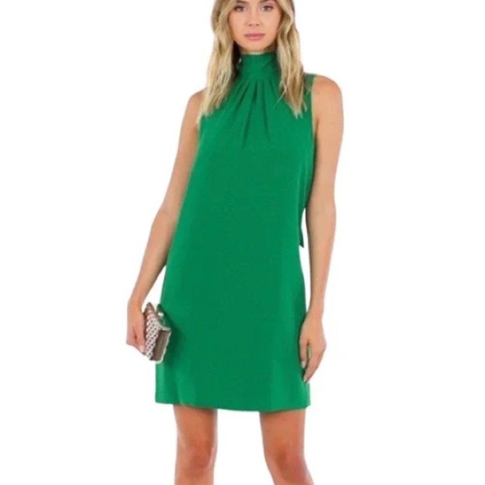 BCBG Max Azria Erika sleeveless green dress with a high neck and an open back